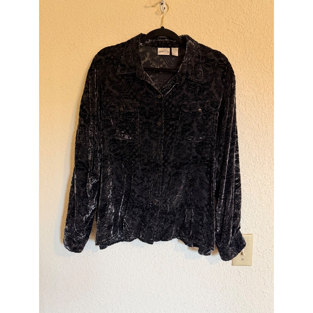 Chicos Silk Blend Burnout Velvet Button‎ Down Shirt Black Size 3 Dark Academia